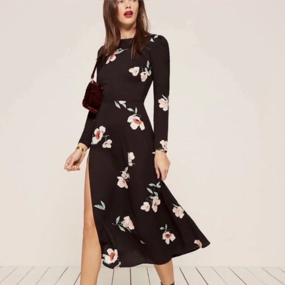 Reformation Vanessa Floral Ornament Rayon Blend Slit Longsleeve Dress Size 4